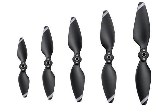 Set of five black drone propellers in varying sizes, arranged in a row, showcasing their sleek design and metallic accents , transparent background, AI generative