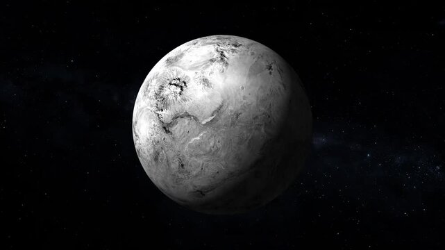 Planet with craters animation floats in star-filled deep cosmos. Solar system astronomy exploration showcases planet with craters animation. Distant celestial starfields frame the planet.