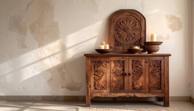 Afrohemian decor showcasing carved wood sideboard and candles