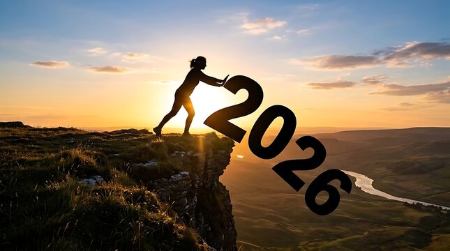 Silhouette of a woman pushing the year 2026 off a cliff at sunset