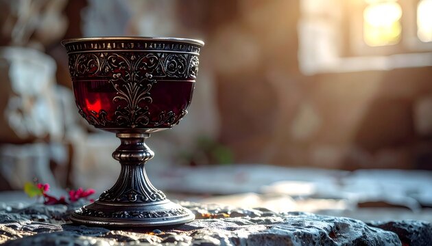 Ornate silver chalice holding red liquid in a gothic setting