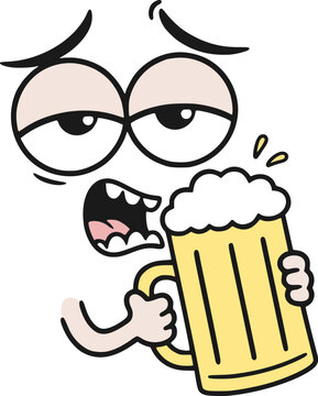 Funny vector cartoon partygoer happily drinking beer from a large overflowing mug.