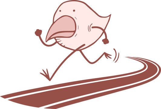 Funny cartoon bird runs energetically along an athletics track during playful sports training