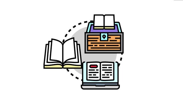 Open education concept visualizing accessible knowledge, learning from a treasure chest, physical books, and digital devices through interconnected resources for study