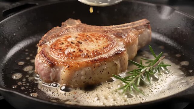 Spoon Basting Pork Chop with Butter and Rosemary in Cast Iron Skillet