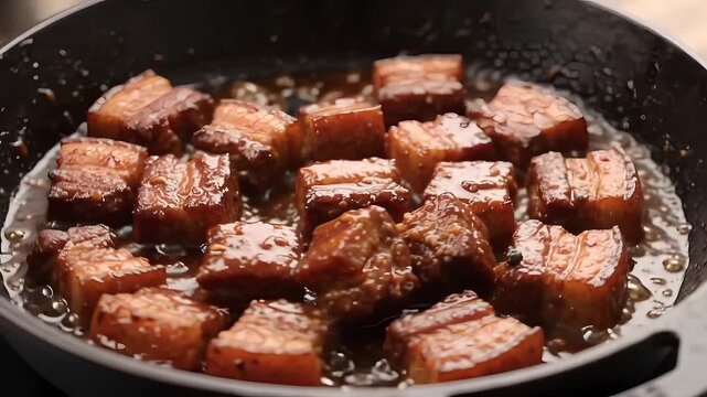 Stirring Glazed Pork Belly Bites Caramelizing in Wok or Skillet