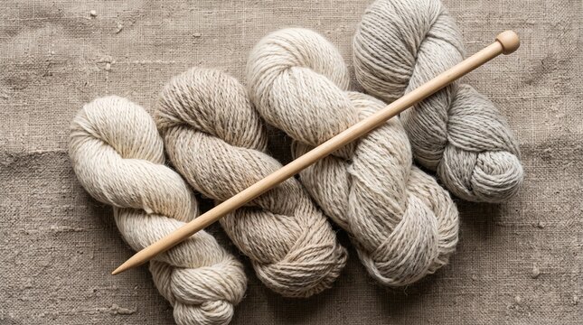 Bundles of raw beige wool yarn with a wooden knitting needle on a rustic wooden background textile material craft supplies