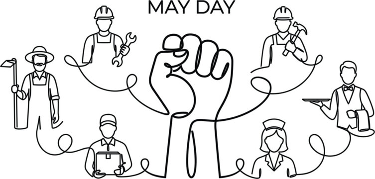 Continuous line drawing of a raised fist surrounded by workers representing may day