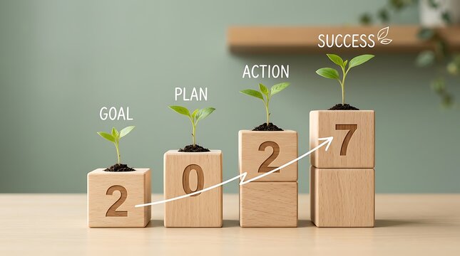 Wooden blocks with growing plants symbolize business success and goal achievement in 2027
