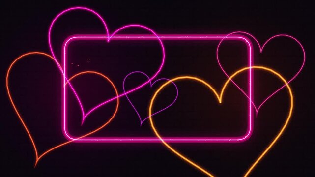 Neon heart frame background, with glowing pink, and orange hearts, for romantic valentine?s, day and love, themed projects