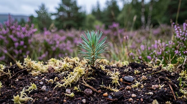 Small pine seedling sapling growing in soil with blooming heather 