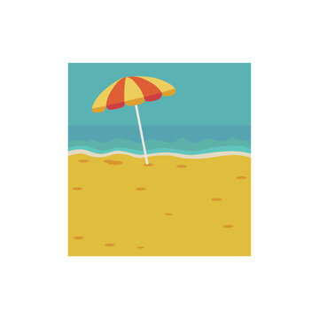 Summer beach background vector illustration, tropical sea landscape with sun umbrella and sand shore for banner, poster, or card design