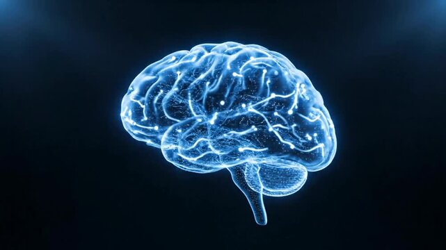 Digital Human Brain with Glowing Neural Network Connections on Dark Background for Artificial Intelligence and Science Concept