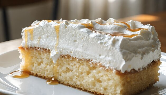 Fluffy tres leches cake slice creamy texture sweet
