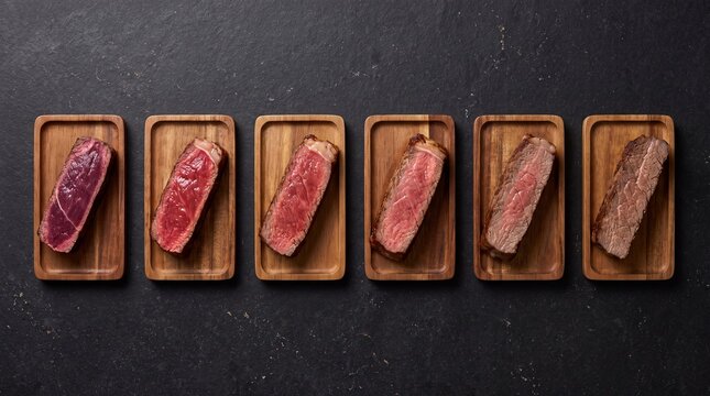 Steak doneness comparison on wooden plates, six grilled beef slices from blue rare to well done on basalt, top view