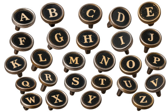 Collection of typewriter keys with letters A through Z. These keys are vintage and have a classic design with gold lettering on a black background. , transparent background, AI generative