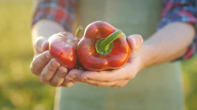 Farmer holds fresh red bell peppers in hands outdoors in sunlight, farm to table concept.