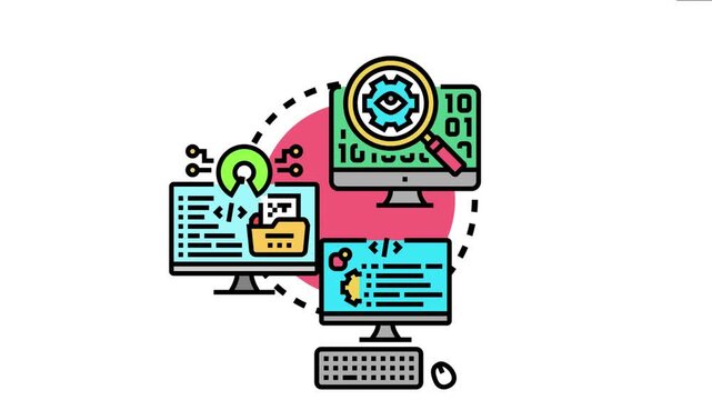 Open source software development concept, a collaborative framework with computers sharing code, data, and management, emphasizing transparency and community contributions