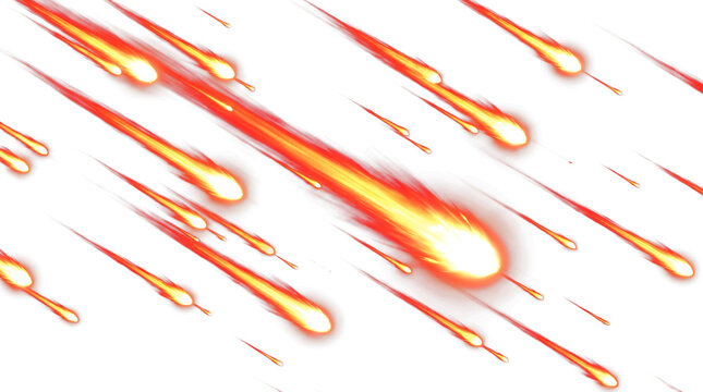 Dynamic fire comet trails and glowing shooting stars with fiery red trails, isolated on transparent