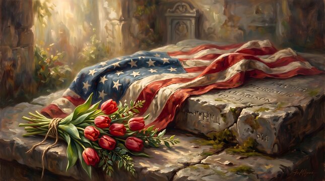 Serene graveyard scene with a draped american flag and vibrant red tulip arrangement