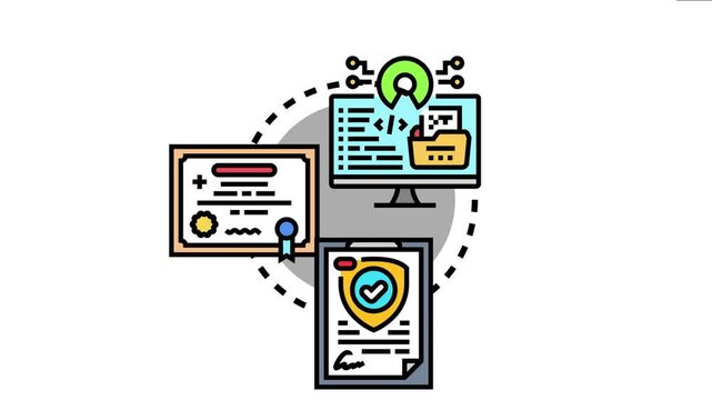 Three distinct icons the principles of open source software, including a computer with code, a formal certificate, and a secure document, connected by a dotted line