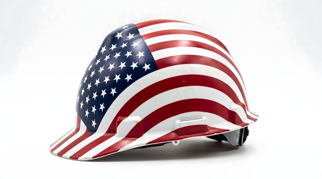 American flag draped over a white construction helmet representing patriotism and worker safety