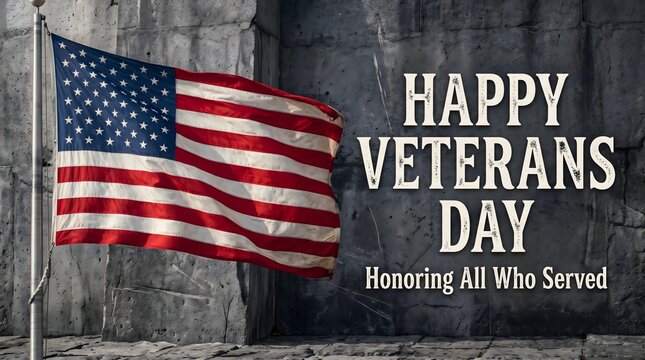 American flag waving proudly with happy veterans day text on a dark background