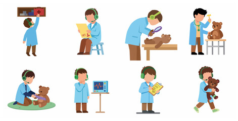 Fototapeta premium Set of illustrations featuring a young boy playing as a veterinarian, caring for his teddy bear with various medical tools, clipboard, and lab coat in a flat vector style.
