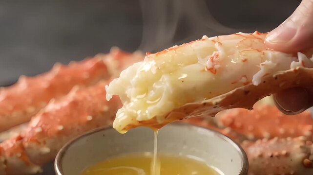 Dipping Steaming King Crab Leg Meat into Bowl of Hot Melted Butter
