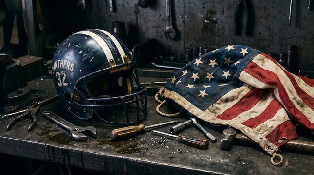 American flag draped over a military helmet and dog tags in remembrance