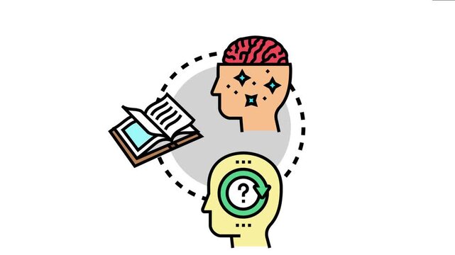 Open minded person actively thinking, learning new information from an open book, and engaging in continuous questioning for personal growth and idea development