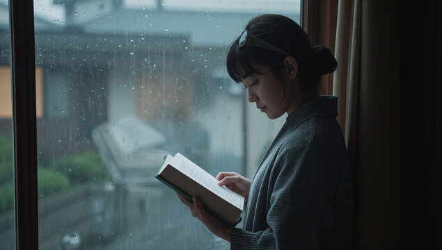 雨の窓辺で開いた本を読む女性