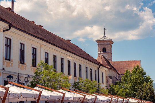 Coronation Cathedral tower above historic buildings in Alba Iulia Transylvania Romania