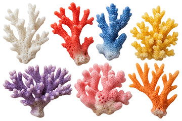 Obraz premium A vibrant collection of coral pieces in various colors and shapes, including white, red, blue, yellow, purple, pink, and orange , transparent background, AI generative