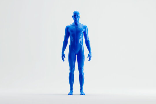 Blue glossy male mannequin figure standing on white background