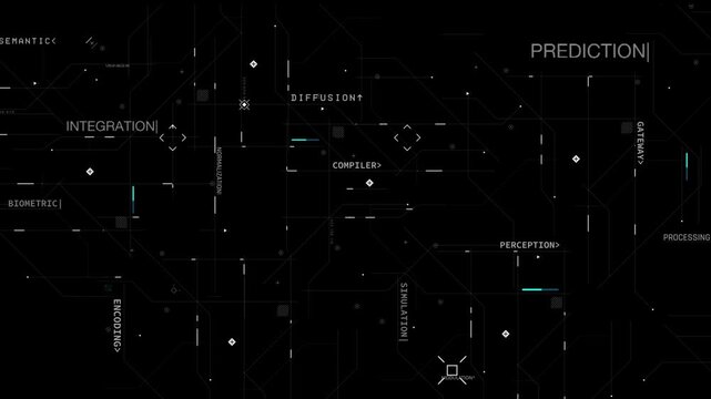 Futuristic interface animation featuring thin circuit lines geometric symbols, and AI artificial intelligence association text elements