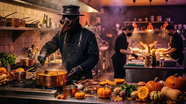 Plague doctor chef stirs a pumpkin dish in a busy restaurant kitchen decorated for a creative Halloween menu