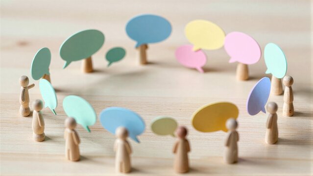 Wooden figures surround colorful speech bubbles, symbolizing communication and dialogue.