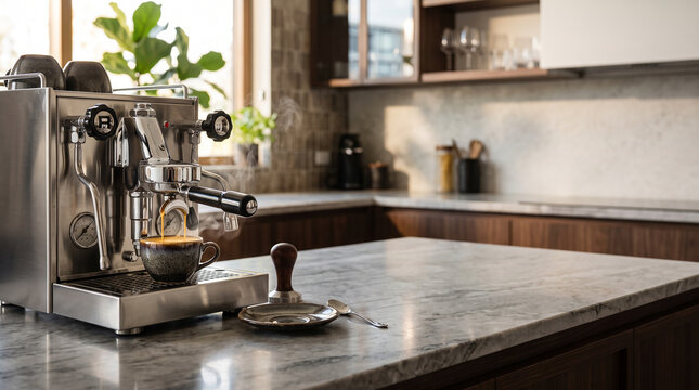Premium Stainless Steel Espresso Coffee Machine with Fresh Brew and Rising Steam in Modern Kitchen.