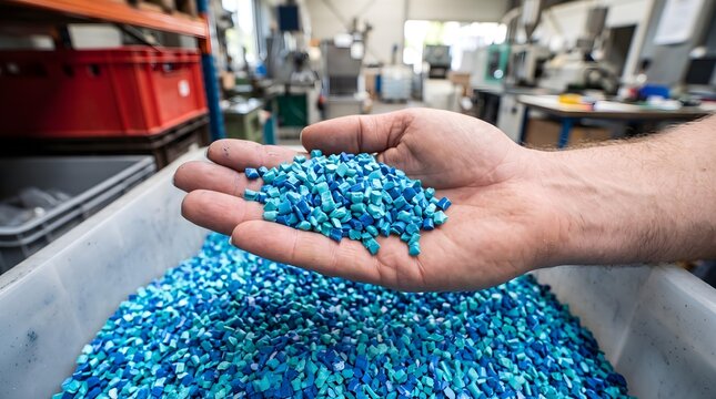 Industrial plastic granules held in worker hand, blue recycled polymer pellets for manufacturing, raw material in factory warehouse
