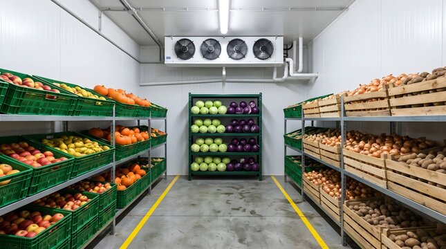 Industrial walk in cold room refrigerator storing fresh produce, commercial vegetable cold storage warehouse facility, cold chain logistics room