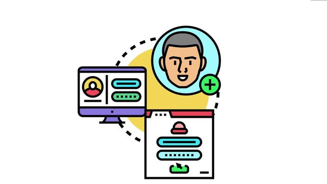 User account concept digital identity management, with a smiling user avatar linked to computer screens showing sign in forms and profile settings