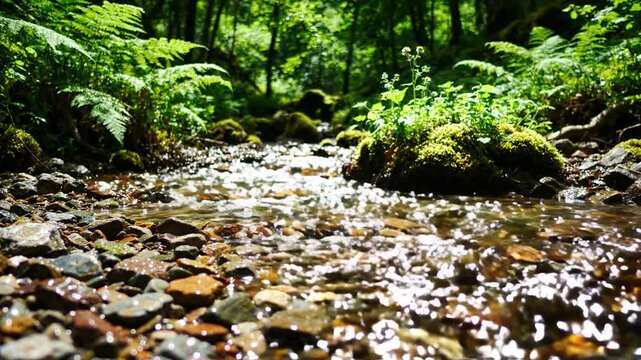 Close-up of a clear forest stream flowing over colorful pebbles and mossy rocks