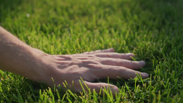 Man touching fresh green grass with hand at sunset cinematic close up of human palm on lush lawn in garden.