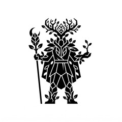Fototapeta premium Geometric forest druid silhouette holding a magical staff and seedling, stylized pagan nature deity icon in black and white vector art isolated on white background
