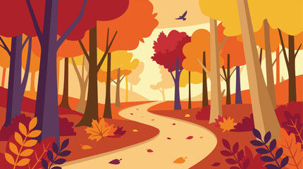 Fototapeta premium A scenic illustration of a tranquil fall forest path winding through a golden autumn woodland background, captured in a flat art style.