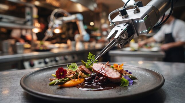 Robotic arm plating a gourmet meat dish with vegetables and edible flowers in a professional kitchen