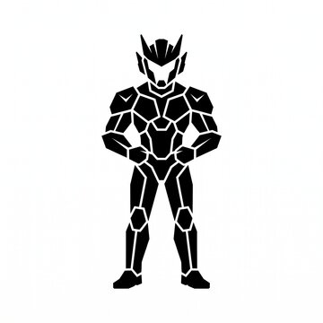 Minimalist black silhouette vector illustration of a futuristic armored mecha cyborg warrior standing proudly, isolated on a clean white background for gaming and sci-fi design.