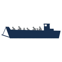 Side view silhouette of a military landing craft carrying soldiers with military ship landing boat navy boat © Nisha