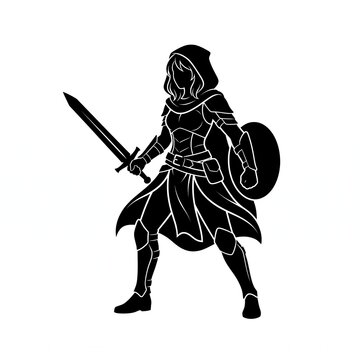 Silhouette illustration of a female fantasy warrior wearing hooded armor while holding a sword and shield, isolated on a white background for gaming and roleplaying character design.